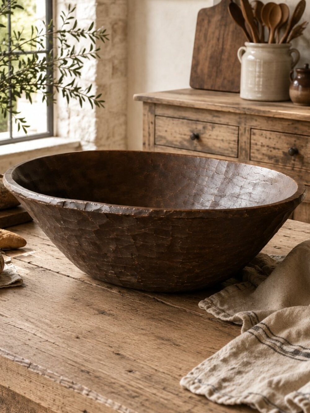 Vintage Oversized Primitive Hand Carved Rustic Wooden Dough Bowl